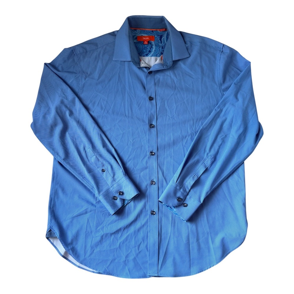 Tallia Men's Blue Striped Dress Shirt Size L Paisley Cuff‎ Detail Modern Fit